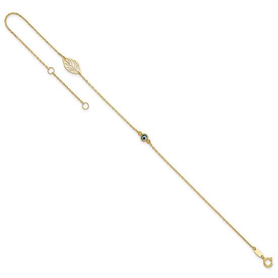 14k Leaf and Glass Eye Bead 9 inch Plus 1 inch Extender Total 10 inch Anklet