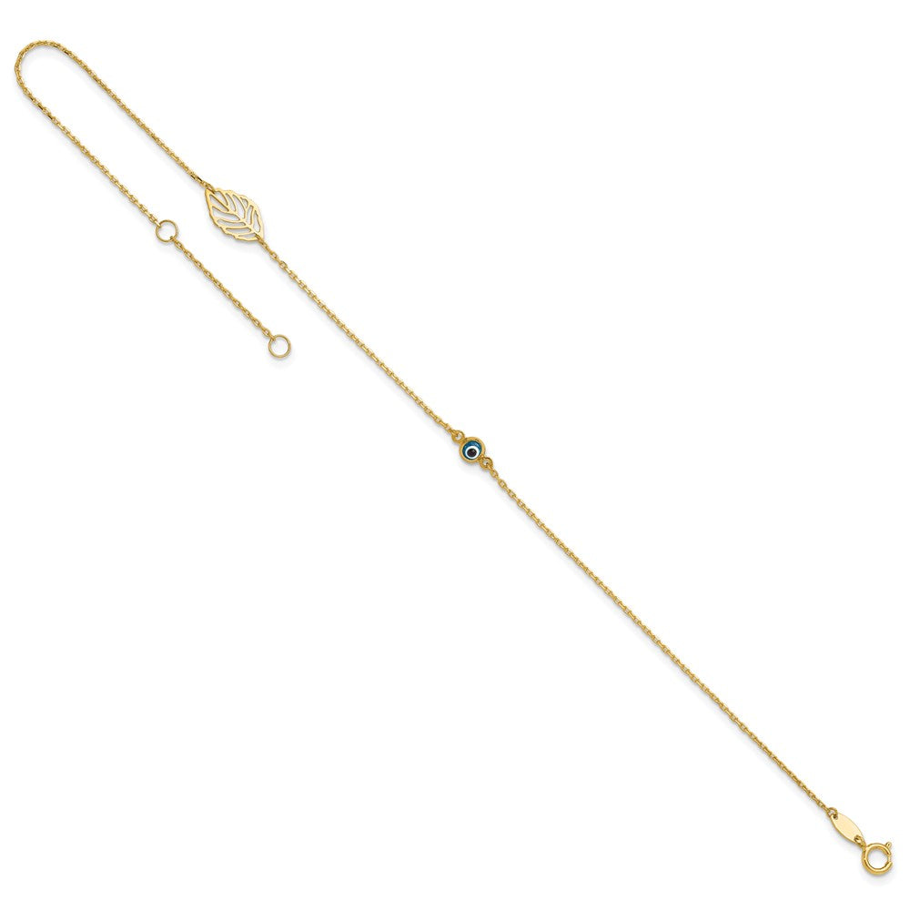 14k Leaf and Glass Eye Bead 9 inch Plus 1 inch Extender Total 10 inch Anklet