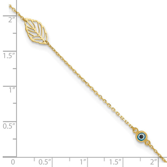 14k Leaf and Glass Eye Bead 9 inch Plus 1 inch Extender Total 10 inch Anklet