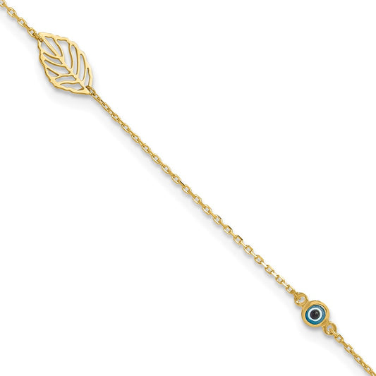14k Leaf and Glass Eye Bead 9 inch Plus 1 inch Extender Total 10 inch Anklet