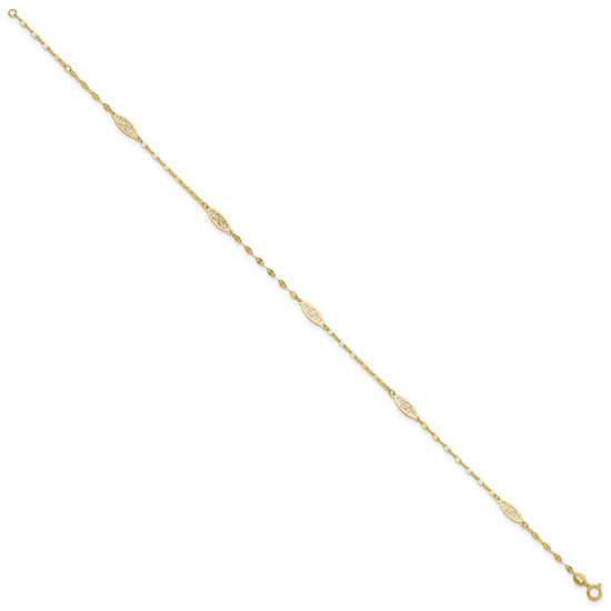 14K Fancy Filigree Link 5-Station 9 inch Plus 1 inch Extender Total 10 inch Anklet