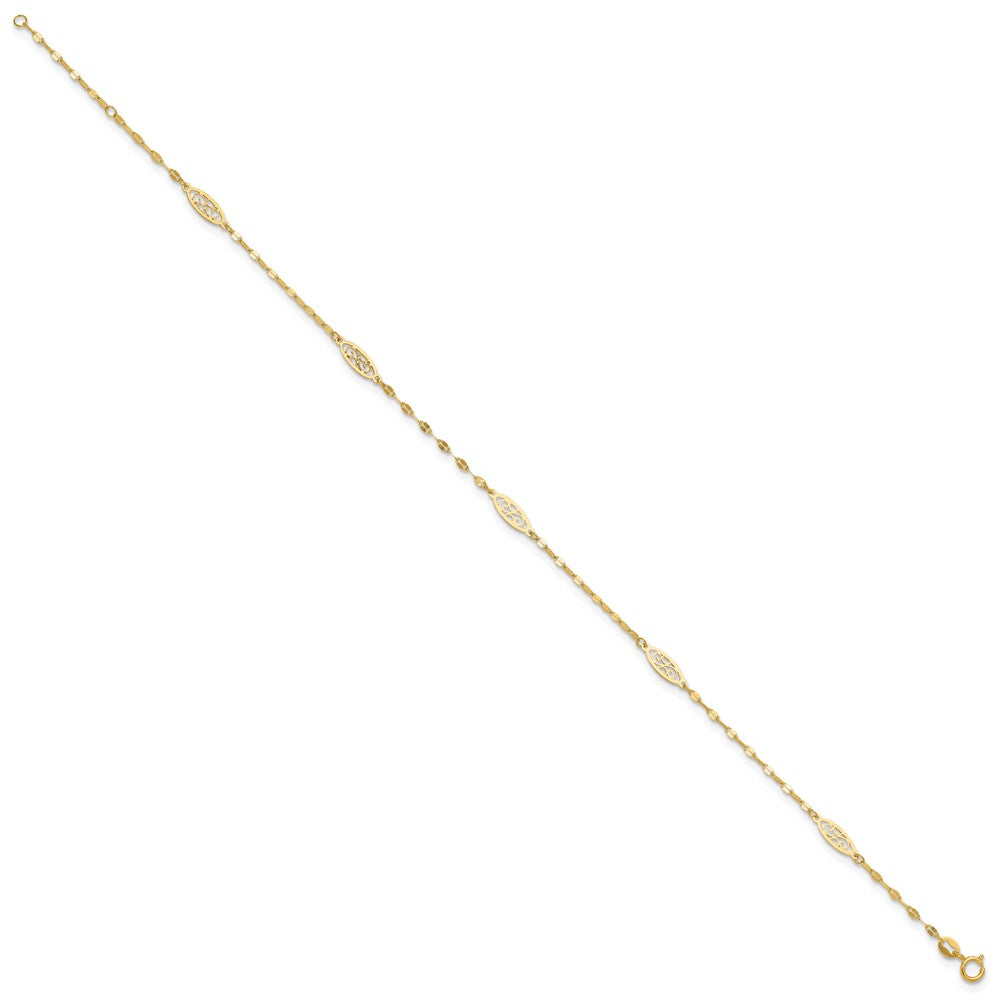 14K Fancy Filigree Link 5-Station 9 inch Plus 1 inch Extender Total 10 inch Anklet