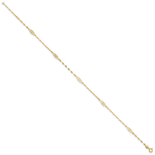 14K Fancy Filigree Link 5-Station 9 inch Plus 1 inch Extender Total 10 inch Anklet
