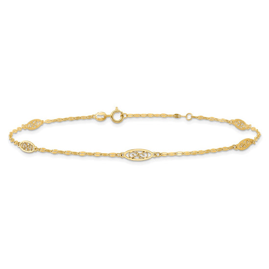 14K Fancy Filigree Link 5-Station 9 inch Plus 1 inch Extender Total 10 inch Anklet