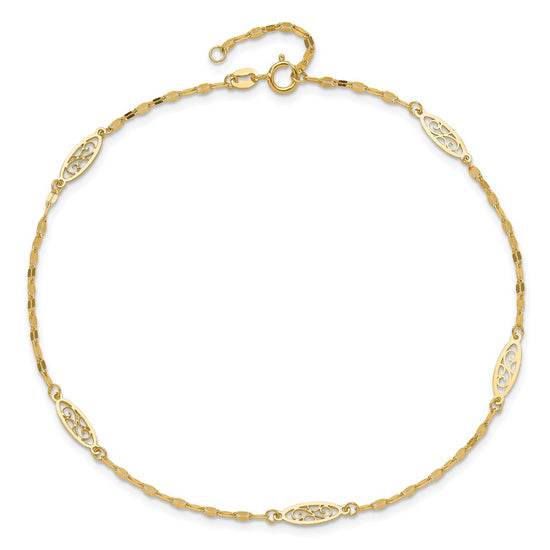 14K Fancy Filigree Link 5-Station 9 inch Plus 1 inch Extender Total 10 inch Anklet
