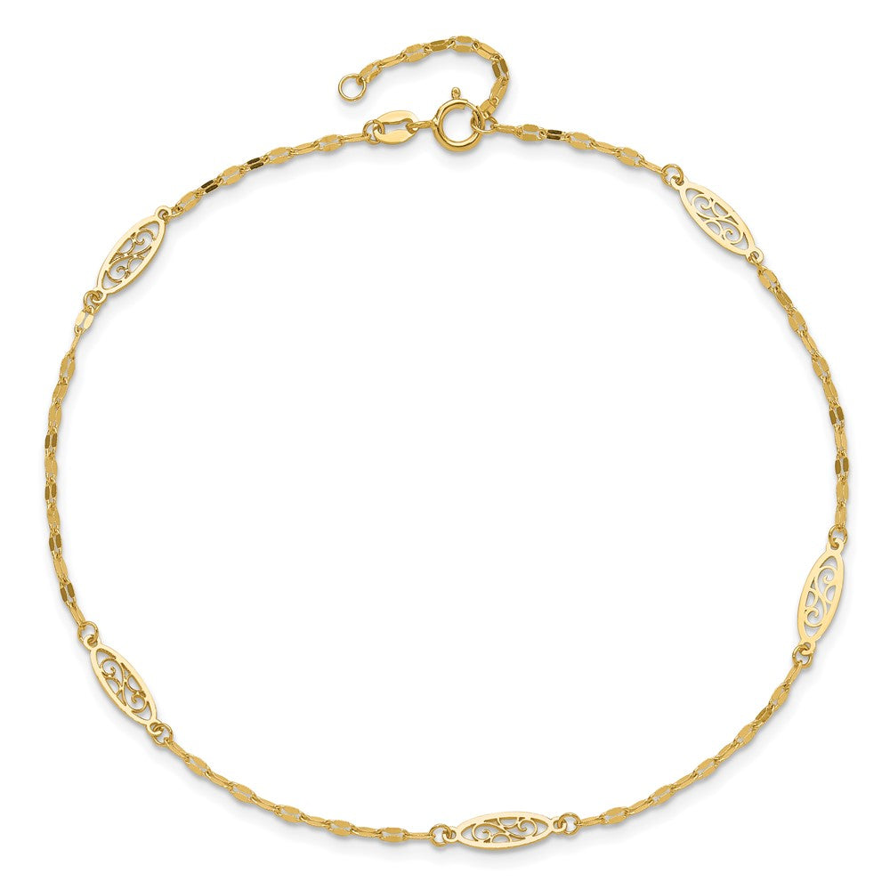 14K Fancy Filigree Link 5-Station 9 inch Plus 1 inch Extender Total 10 inch Anklet