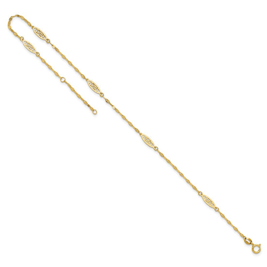 14K Fancy Filigree Link 5-Station 9 inch Plus 1 inch Extender Total 10 inch Anklet