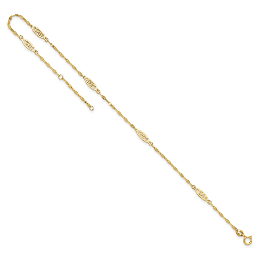 14K Fancy Filigree Link 5-Station 9 inch Plus 1 inch Extender Total 10 inch Anklet