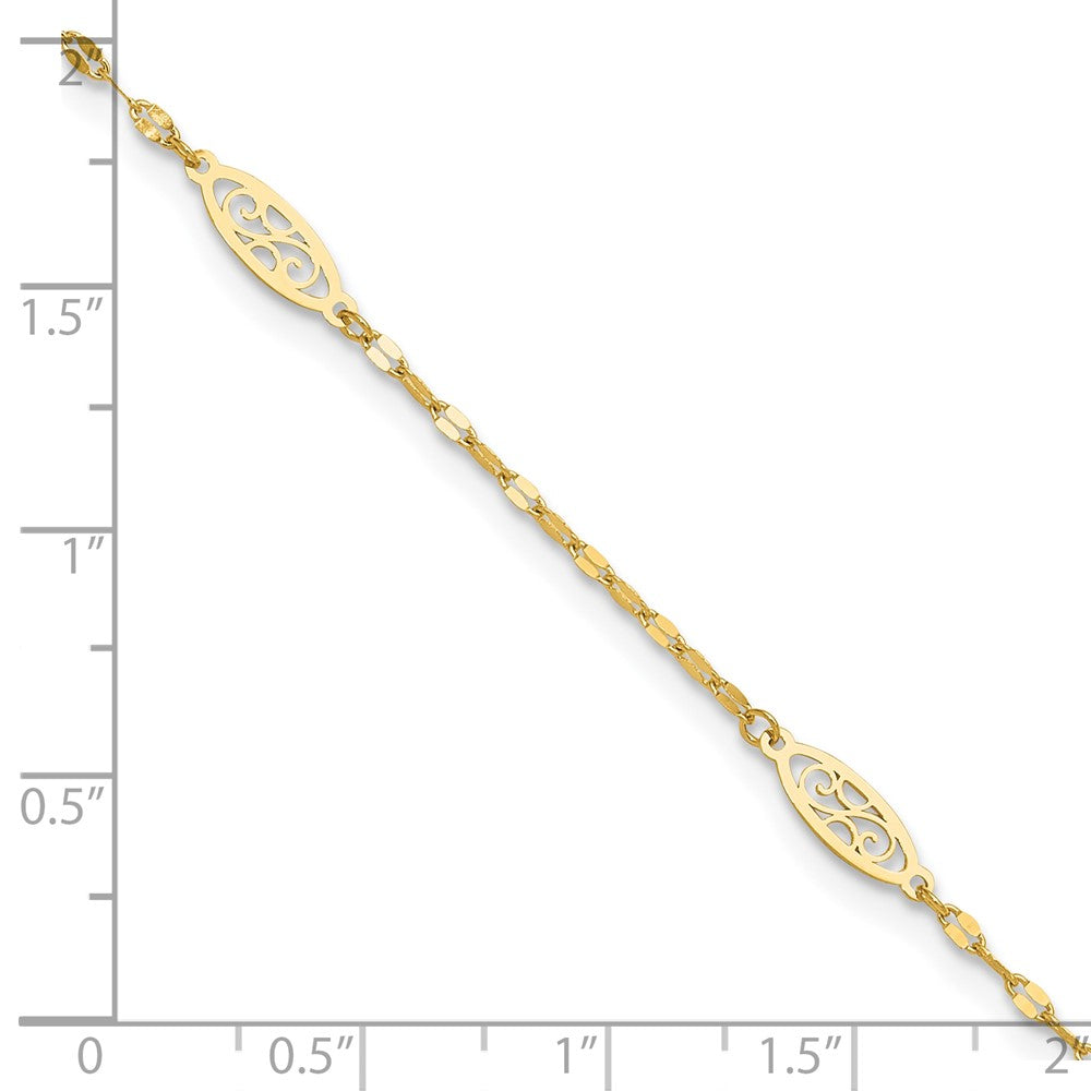 14K Fancy Filigree Link 5-Station 9 inch Plus 1 inch Extender Total 10 inch Anklet