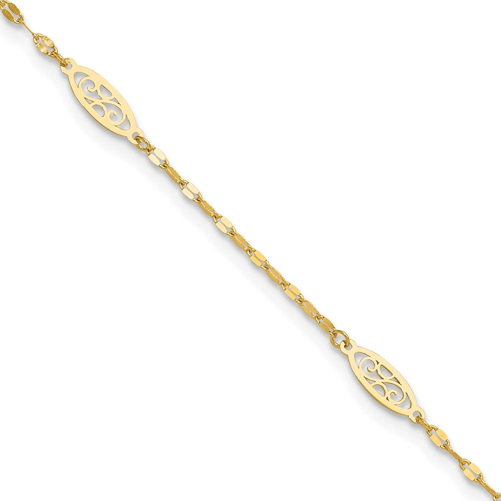 14K Fancy Filigree Link 5-Station 9 inch Plus 1 inch Extender Total 10 inch Anklet