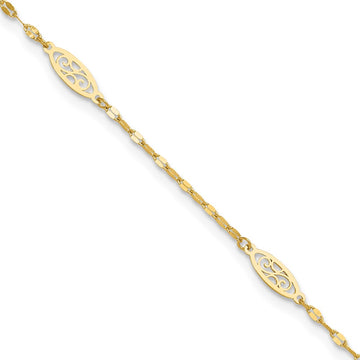 14K Fancy Filigree Link 5-Station 9 inch Plus 1 inch Extender Total 10 inch Anklet