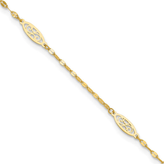 14K Fancy Filigree Link 5-Station 9 inch Plus 1 inch Extender Total 10 inch Anklet