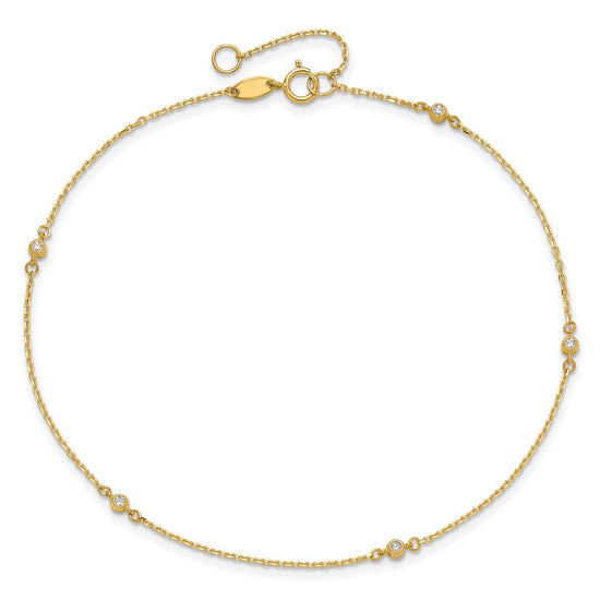 14K Bezel-set CZ 5-Station 9 inch Plus 1 inch Extender - Total 10 inch Anklet