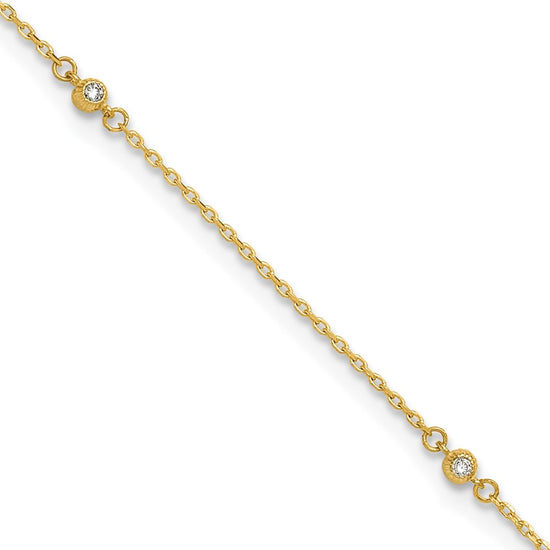 14K Bezel-set CZ 5-Station 9 inch Plus 1 inch Extender - Total 10 inch Anklet