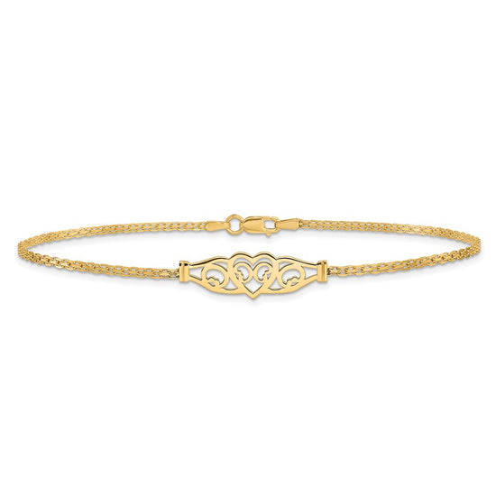14k Polished Filigree Heart and Bismark Chain 10 inch Anklet