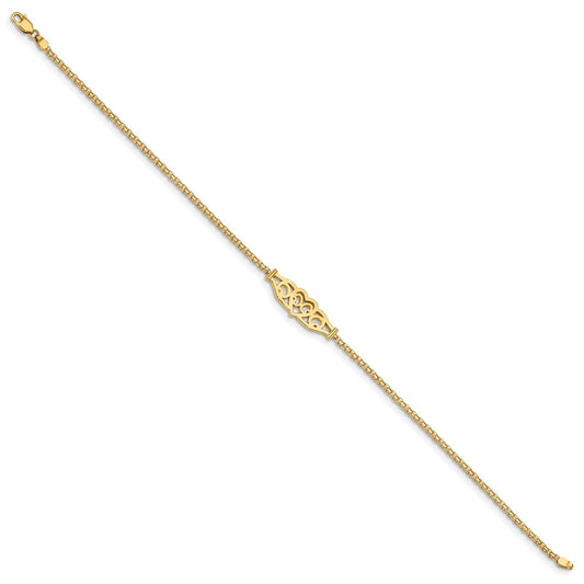 14k Polished Filigree Heart and Bismark Chain 10 inch Anklet