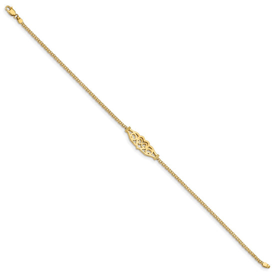 14k Polished Filigree Heart and Bismark Chain 9 inch Anklet
