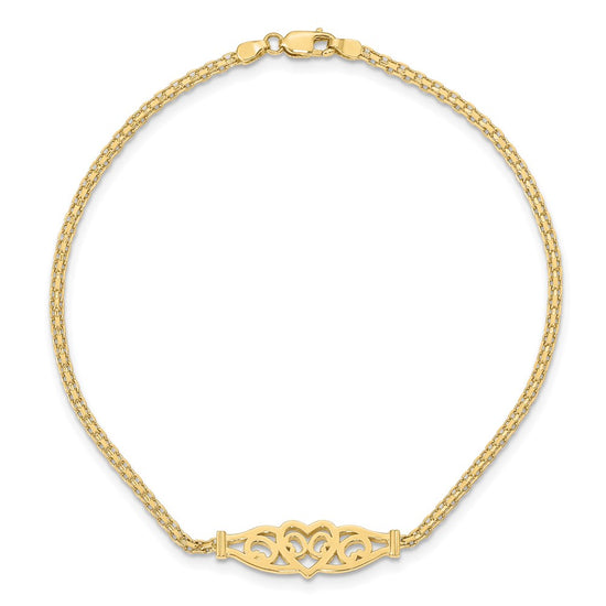 14k Polished Filigree Heart and Bismark Chain 9 inch Anklet