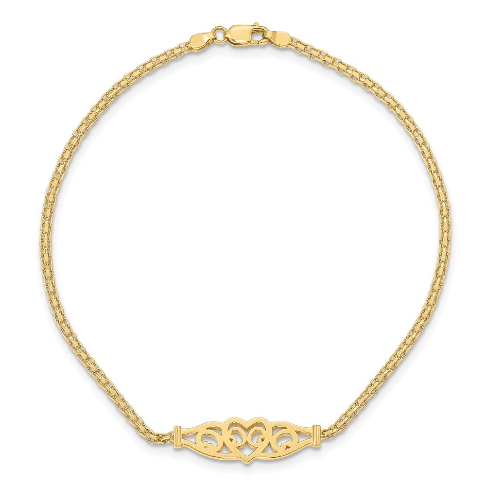 14k Polished Filigree Heart and Bismark Chain 9 inch Anklet