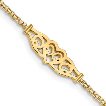 14k Polished Filigree Heart and Bismark Chain 10 inch Anklet