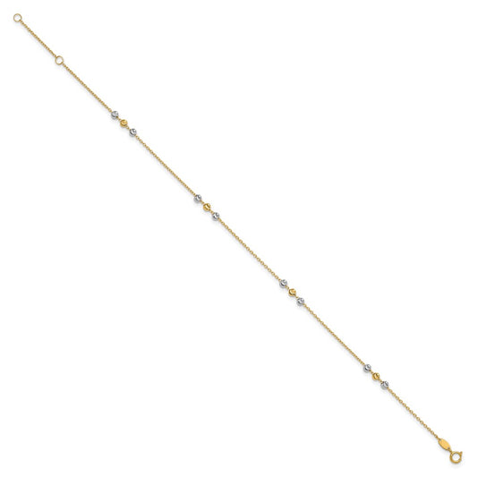 14K Two-tone Diamond-cut Beaded 4-Station 9 inch Plus 1 inch Extender Total 10 inch Anklet