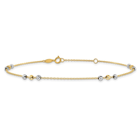 14K Two-tone Diamond-cut Beaded 4-Station 9 inch Plus 1 inch Extender Total 10 inch Anklet