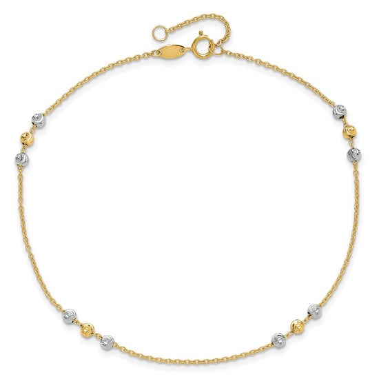 14K Two-tone Diamond-cut Beaded 4-Station 9 inch Plus 1 inch Extender Total 10 inch Anklet