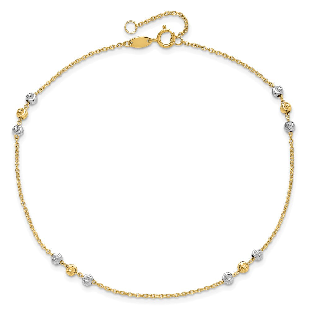 14K Two-tone Diamond-cut Beaded 4-Station 9 inch Plus 1 inch Extender Total 10 inch Anklet