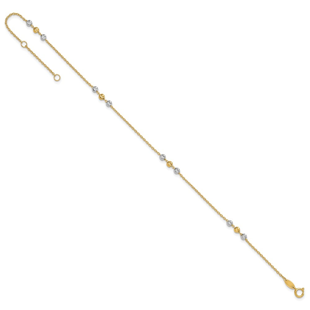 14K Two-tone Diamond-cut Beaded 4-Station 9 inch Plus 1 inch Extender Total 10 inch Anklet