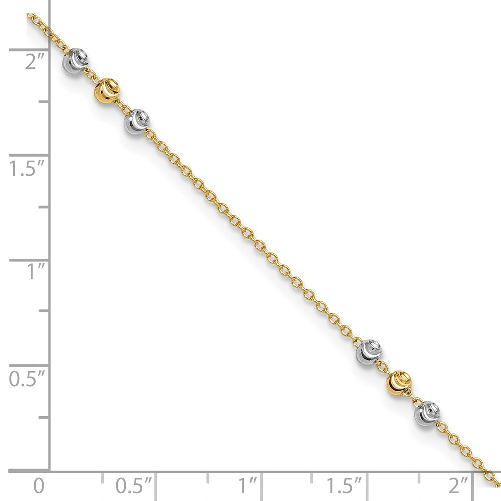 14K Two-tone Diamond-cut Beaded 4-Station 9 inch Plus 1 inch Extender Total 10 inch Anklet