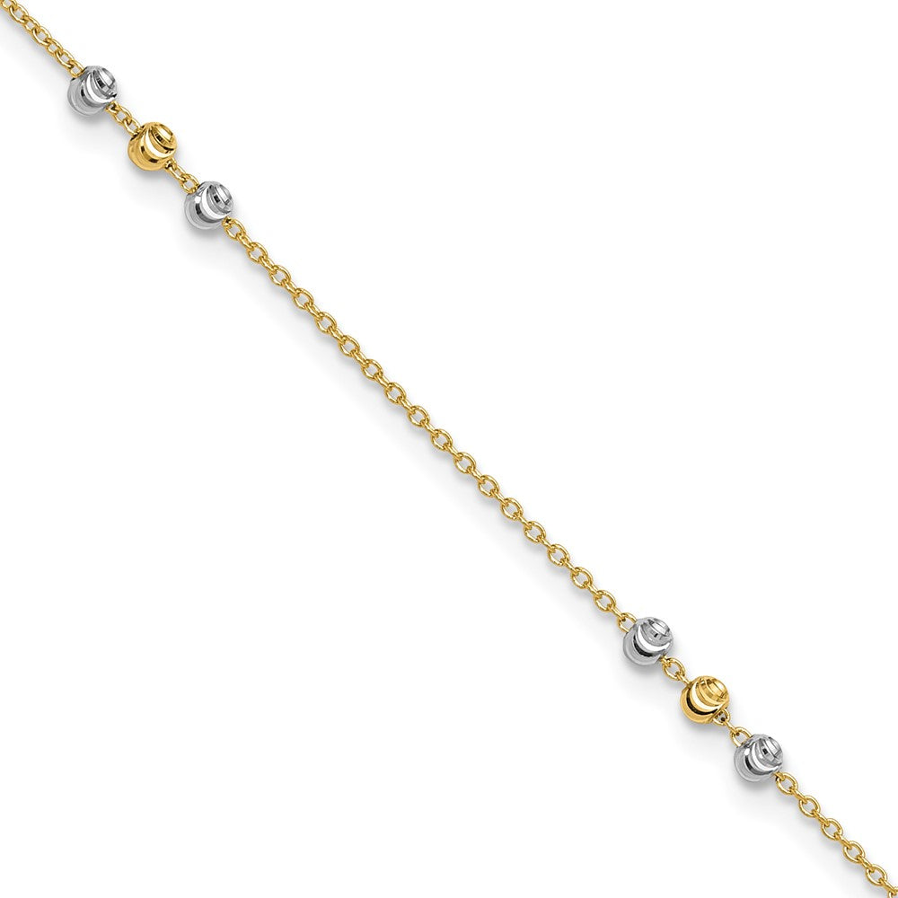 14K Two-tone Diamond-cut Beaded 4-Station 9 inch Plus 1 inch Extender Total 10 inch Anklet