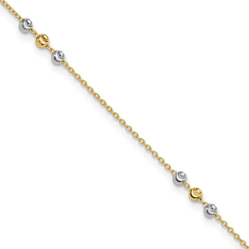 14K Two-tone Diamond-cut Beaded 4-Station 9 inch Plus 1 inch Extender Total 10 inch Anklet
