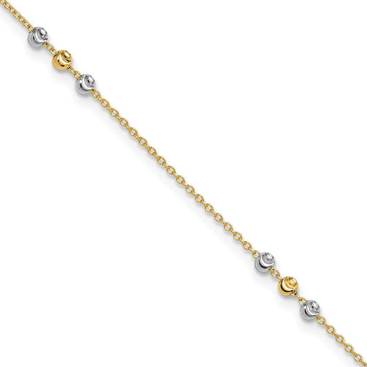 14K Two-tone Diamond-cut Beaded 4-Station 9 inch Plus 1 inch Extender Total 10 inch Anklet