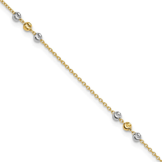 14K Two-tone Diamond-cut Beaded 4-Station 9 inch Plus 1 inch Extender - Total 10 inch Anklet