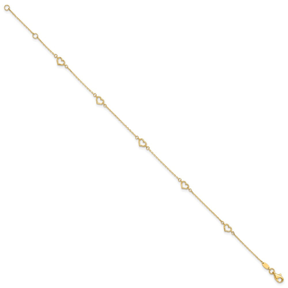 14K Open Heart and Chain 5-Station 9 inch Plus 1 inch Extender Total 10 inch Anklet