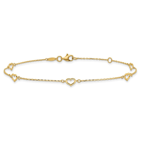 14K Open Heart and Chain 5-Station 9 inch Plus 1 inch Extender Total 10 inch Anklet