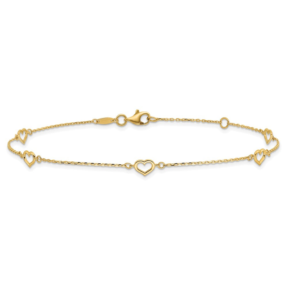 14K Open Heart and Chain 5-Station 9 inch Plus 1 inch Extender Total 10 inch Anklet