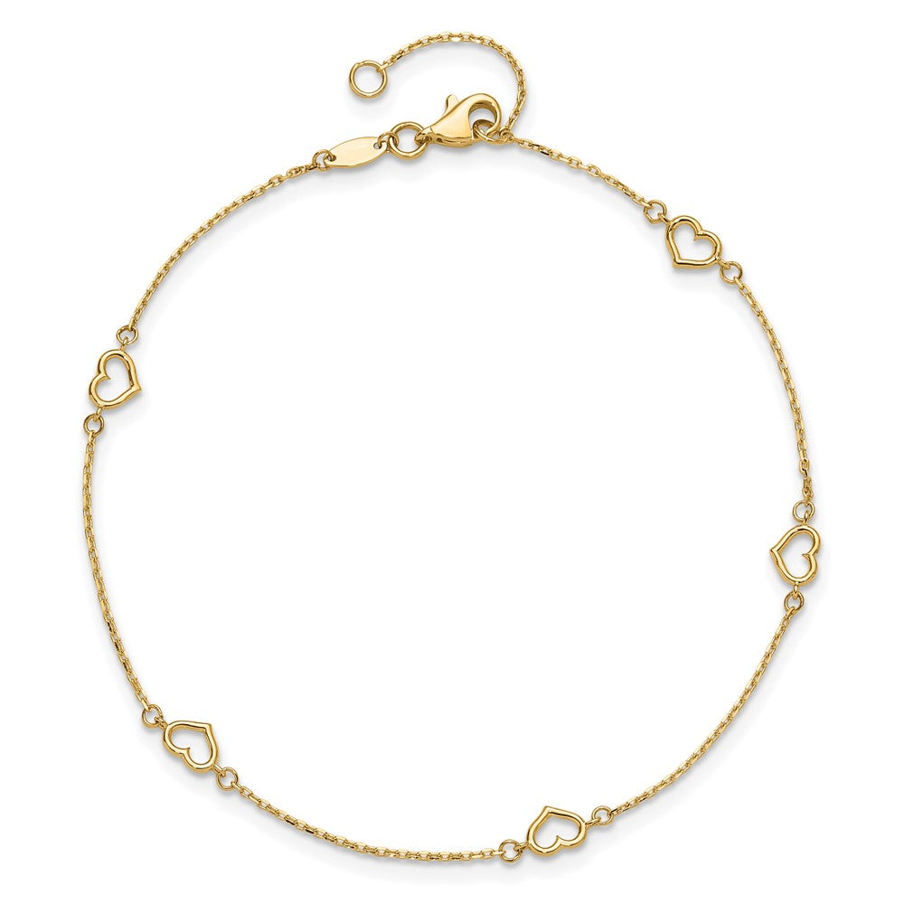 14K Open Heart and Chain 5-Station 9 inch Plus 1 inch Extender Total 10 inch Anklet