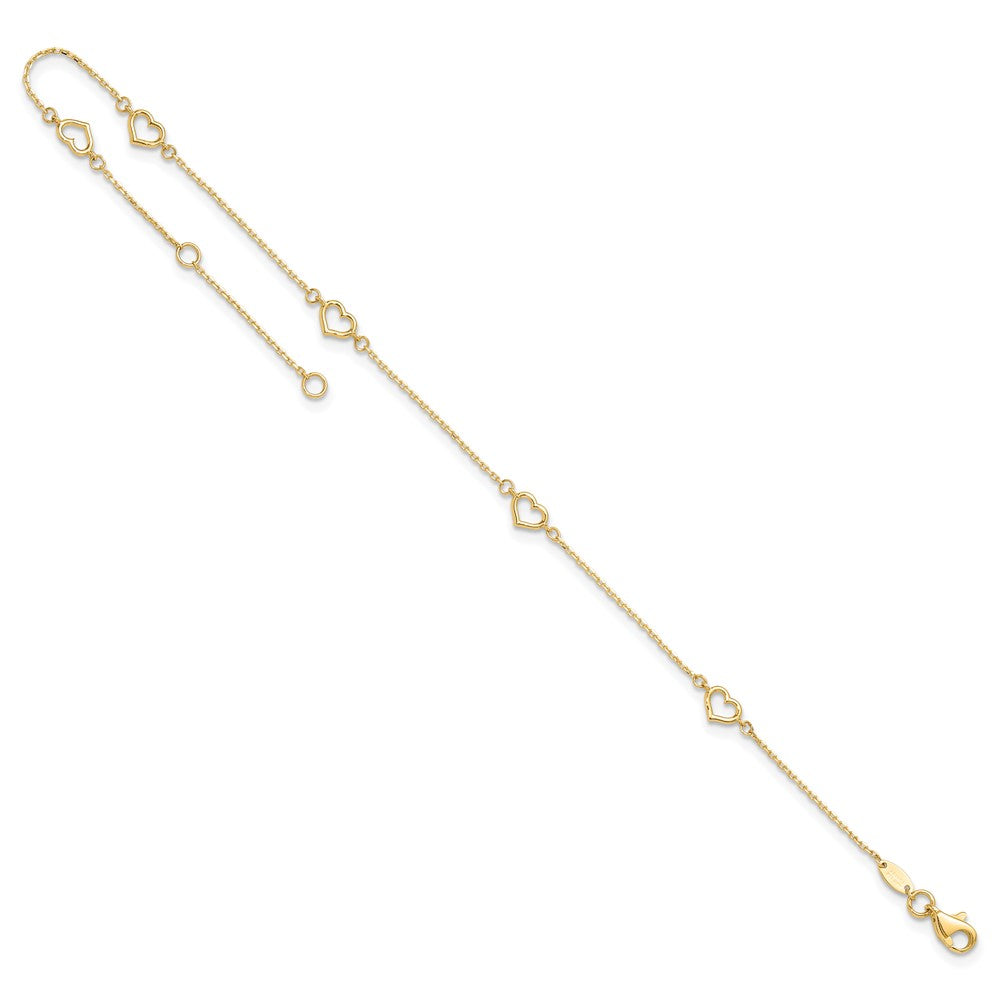 14K Open Heart and Chain 5-Station 9 inch Plus 1 inch Extender Total 10 inch Anklet