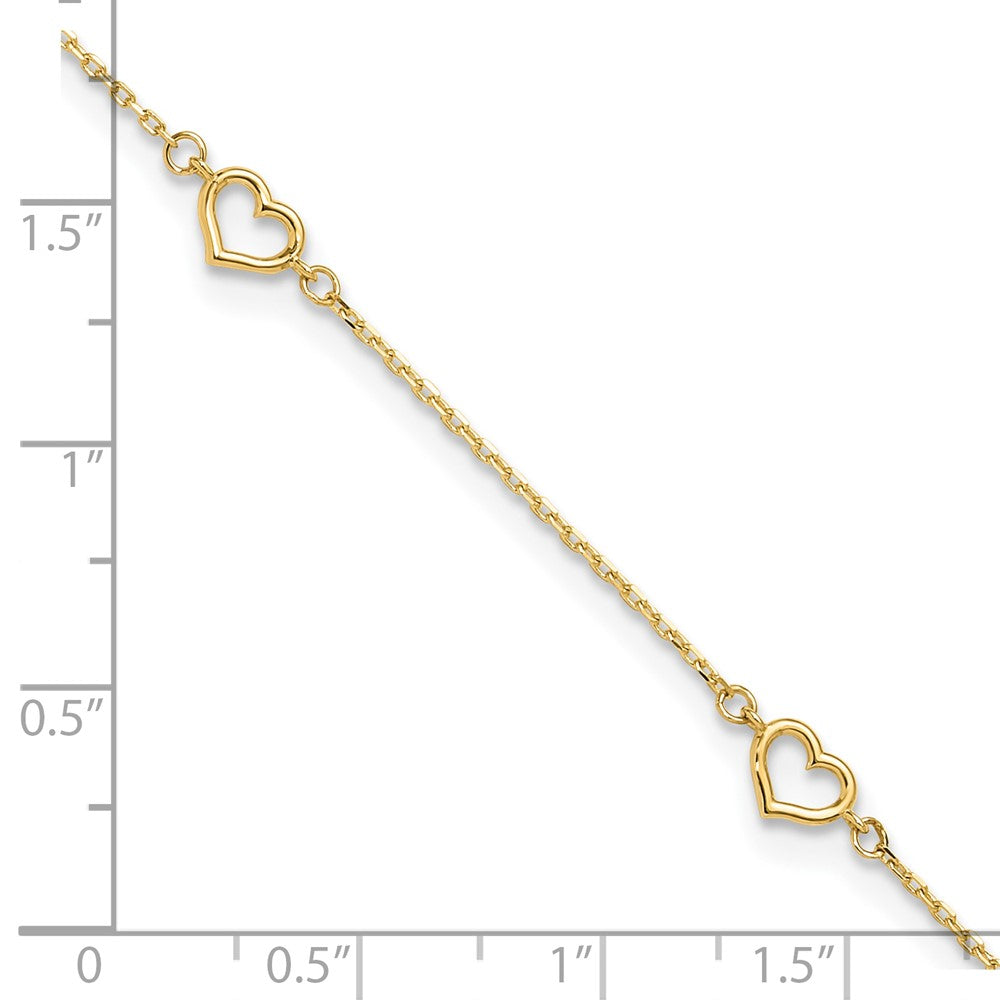 14K Open Heart and Chain 5-Station 9 inch Plus 1 inch Extender Total 10 inch Anklet