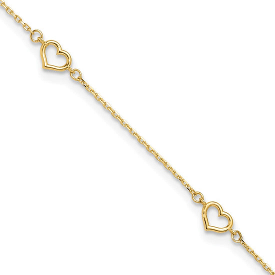 14K Open Heart and Chain 5-Station 9 inch Plus 1 inch Extender Total 10 inch Anklet