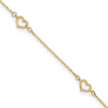 14K Open Heart and Chain 5-Station 9 inch Plus 1 inch Extender Total 10 inch Anklet