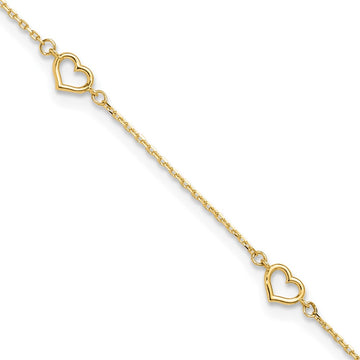 14K Open Heart and Chain 5-Station 9 inch Plus 1 inch Extender Total 10 inch Anklet