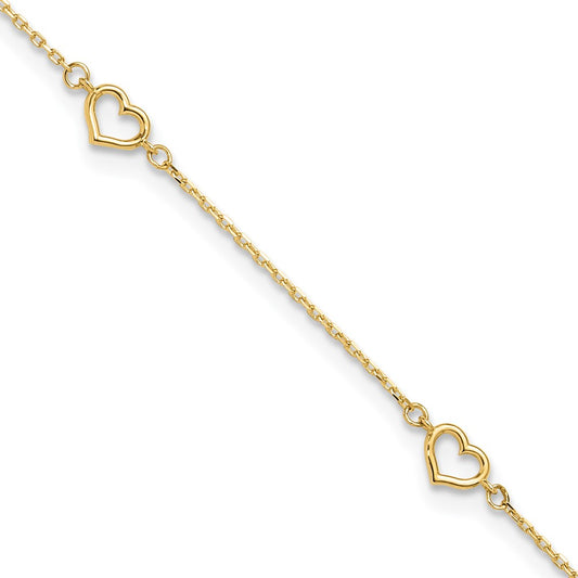 14K Open Heart and Chain 5-Station 9 inch Plus 1 inch Extender Total 10 inch Anklet