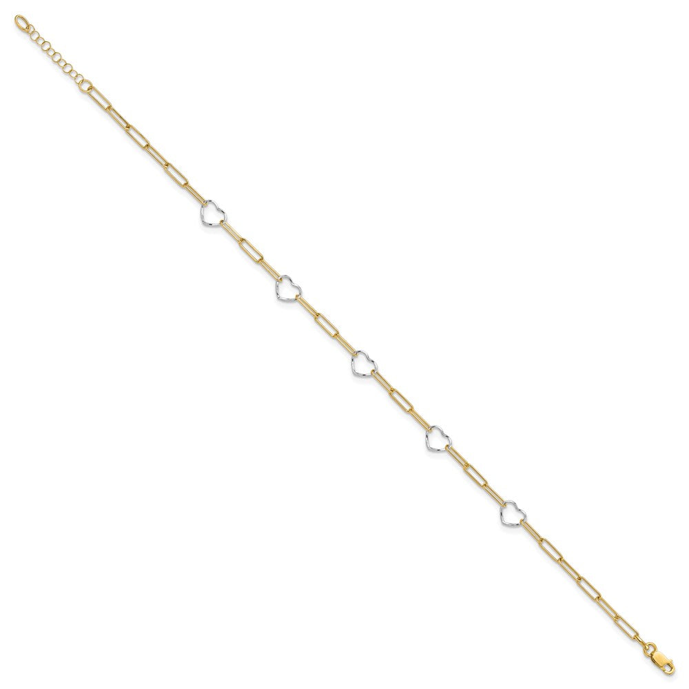 14K Two-tone 5 Hearts and Paperclip Links 9 inch Plus 1 inch Extender Total 10 inch Anklet