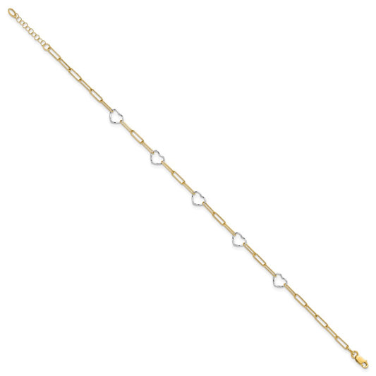 14K Two-tone 5 Hearts and Paperclip Links 9 inch Plus 1 inch Extender Total 10 inch Anklet