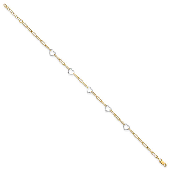 14K Two-tone 5 Hearts and Paperclip Links 9 inch Plus 1 inch Extender - Total 10 inch Anklet