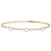 14K Two-tone 5 Hearts and Paperclip Links 9 inch Plus 1 inch Extender Total 10 inch Anklet