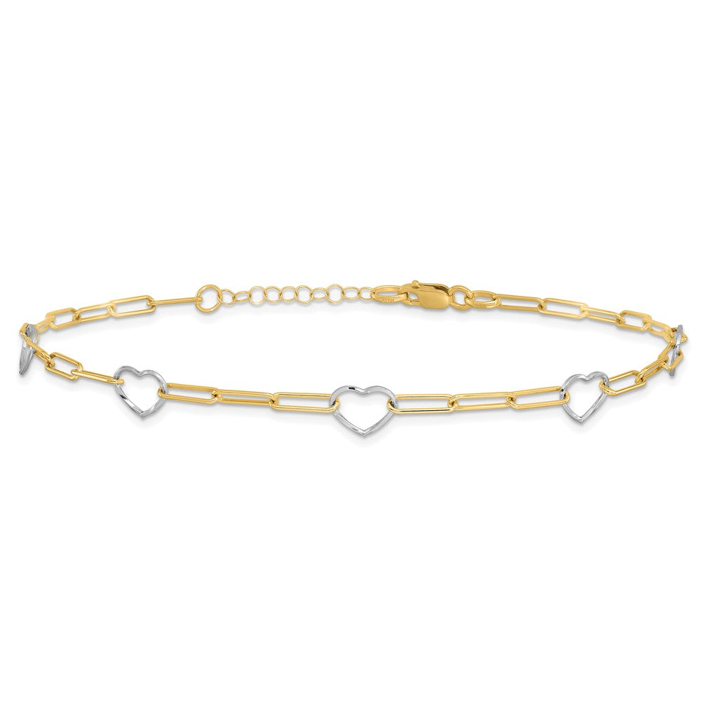 14K Two-tone 5 Hearts and Paperclip Links 9 inch Plus 1 inch Extender Total 10 inch Anklet
