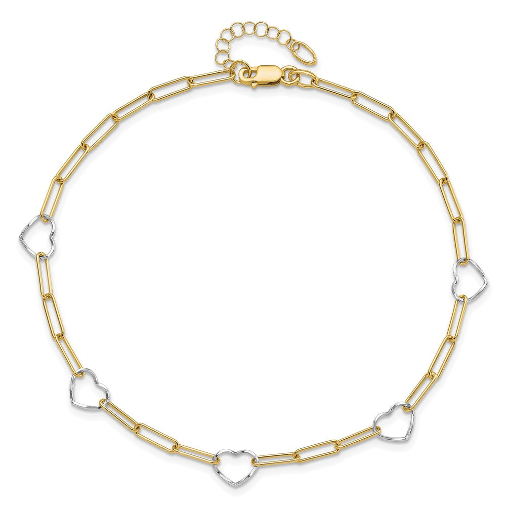 14K Two-tone 5 Hearts and Paperclip Links 9 inch Plus 1 inch Extender Total 10 inch Anklet